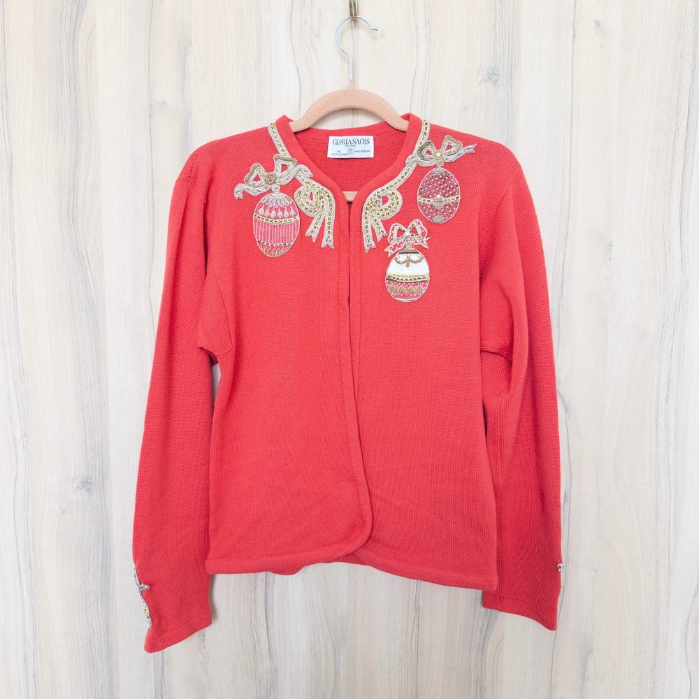Vintage Gloria Sachs Cashmere Embroidered Cardigan S Coral Beaded Holiday Luxury
